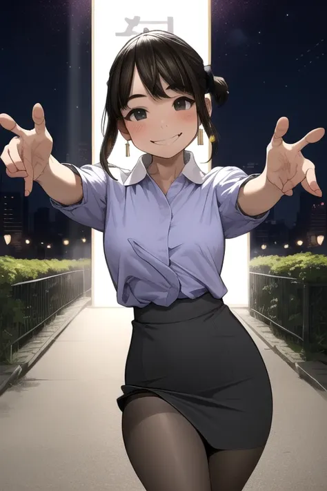 Very detailed, high quality:1.5, masterpiece, beautiful, Film Portraits,((dark)),((douki-chan)),short ponytail,office lady,blue shirt,high-waist skirt,pencil skirt,pantyhose,jewelry,earrings,(((Tilt  head))),The hug is coming, incoming kiss, Spread your ha...