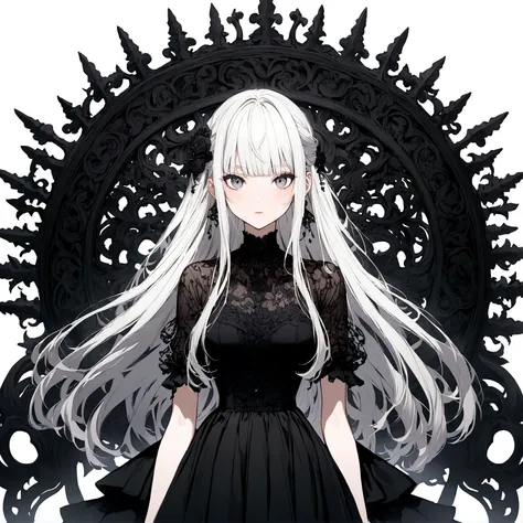 anime girl, black eyes and one white eye, white hair with bangs black top and black skirt 