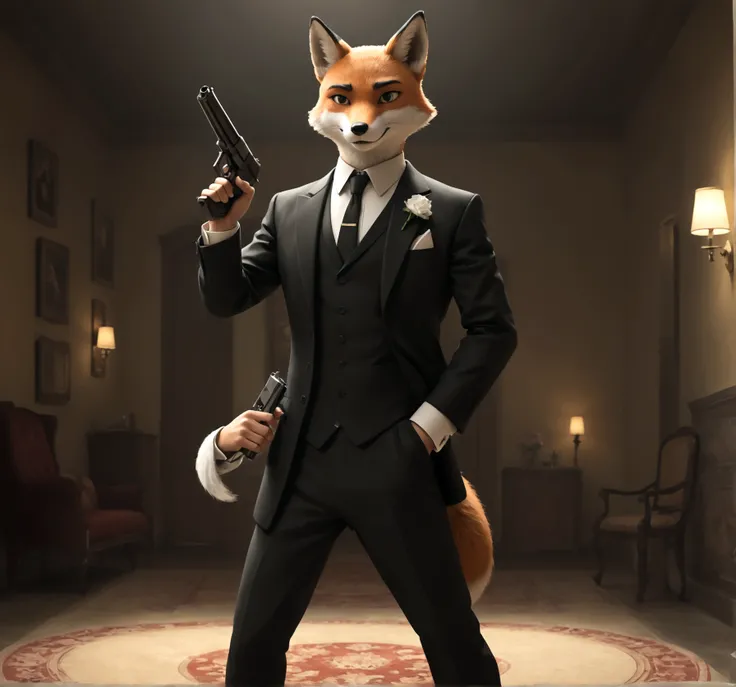 Fox comedy character archer (tuxedo secret agent, Drunk, Impetuoso, bonitas, carelessly wielding a pistol), striking an almost bold pose. &#39;Archer&#39; written on the bottom
