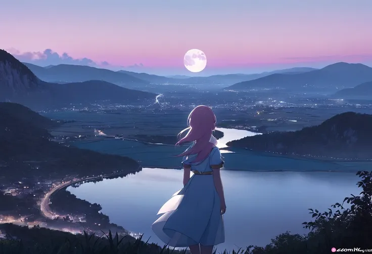 (((zoom out))),8k,((highest quality)),((high-res)),((shot from behind)),moon,she stands front of a beautiful landscape ,pastel t...