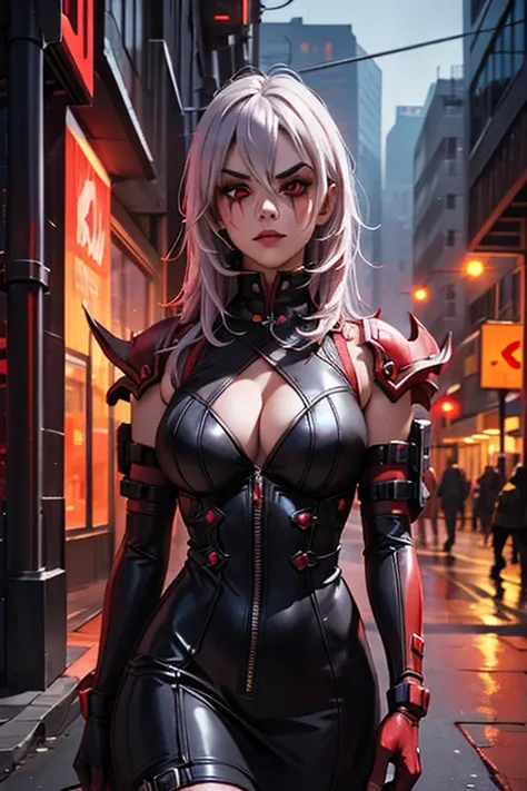 sallywhitemane, cyberpunk, short open coat, red and black clothing, cyberpunk street in background, night time, sharp resolution...