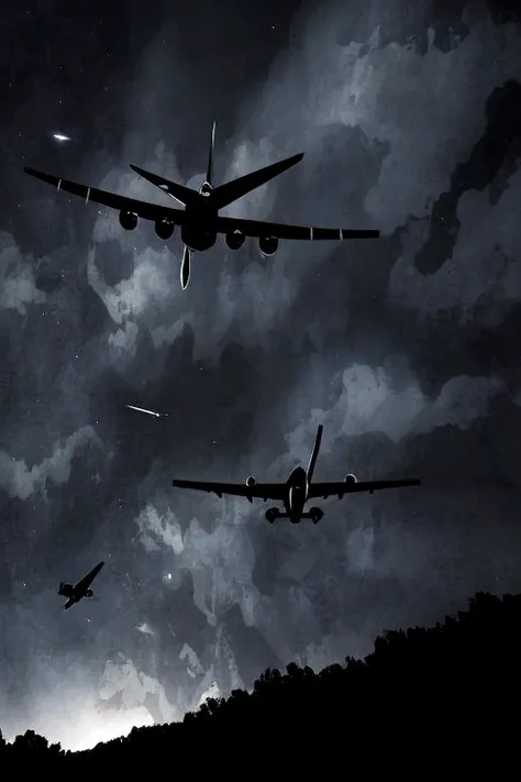 Pitch black background,((Plane flying in the void)), Pitch black night world, 