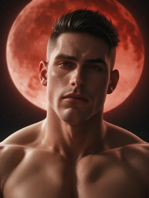 score_9, score_8_above, (1man), A naked muscle male, mature male, footballer body type, sorcerer, sorcerer clothing, blood moon, red blood moon, magic power, Handsome face, eyes with brightness, The man looks confident and determined, crew cut, Stars dot t...