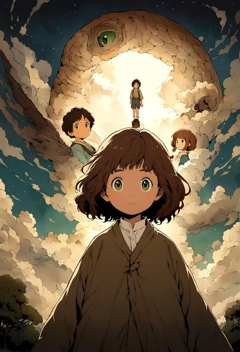 Create an image of a brown-haired girl with green eyes, with the style of Studio Ghibli