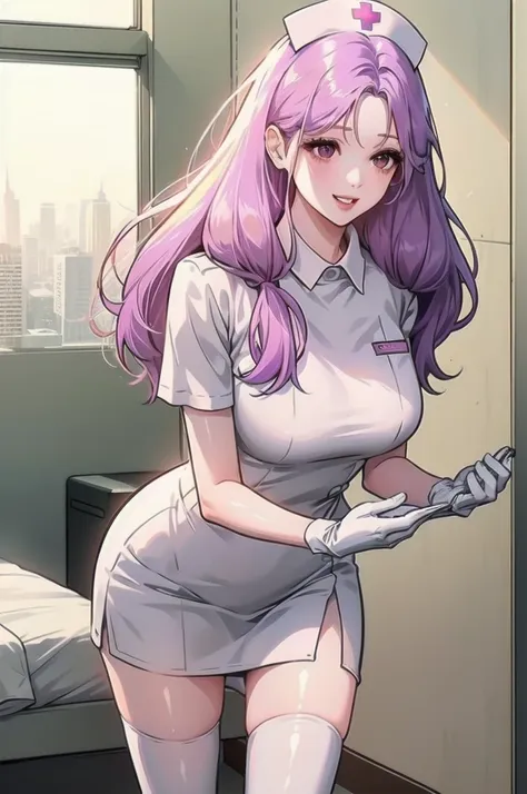 1woman, solo, nurse, nurse cap, white wear, ((white legwear, zettai ryouiki)), white gloves, long hair, purple hair, red eyes, p...