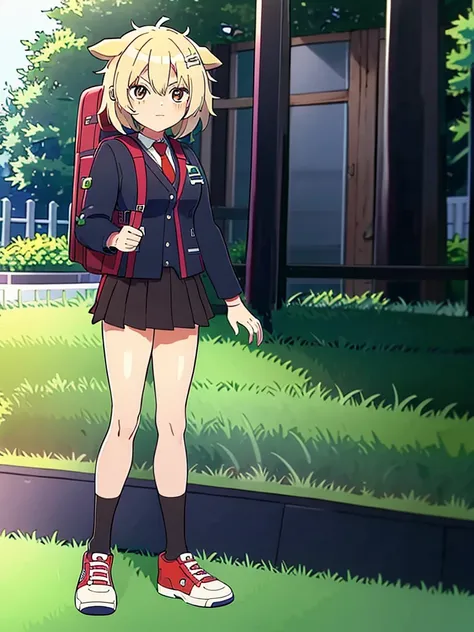 Screenshot boku no hero academia full body teenage girl 17 years old short white wavy hair bright blue eyes wearing a gray blazer red tie and green skirt with long black tights and white shoes carrying a brown backpack park wallpaper