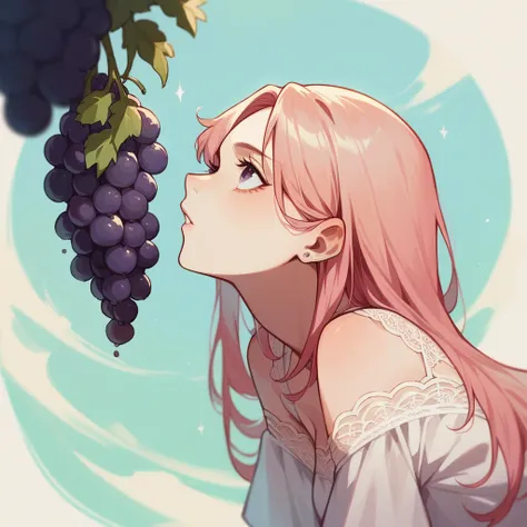 Grapes of various colors are hanging、Girl looking up at it。Wearing a white lace skirt。The overall look is fantastic with pastel colors.。
