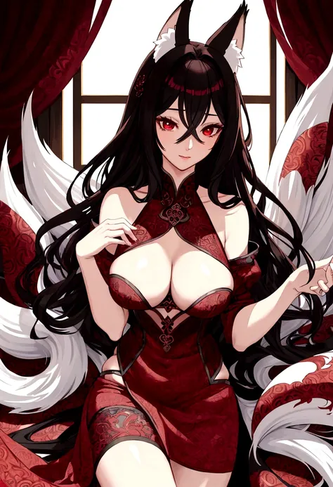 REALISTIC VISION 1.4, BEST AI, sharp focus, ultra detail, 32K, photo realistic, Intricate details, tight, seductive, sexy, long black wavy hair, red eyes, Intricate details, A 30 year old woman, medium breasts, nine tails around wind, Intricate details, bo...