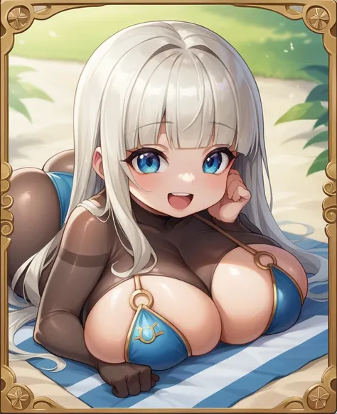 masterpiece, best quality, masterpiece,best quality,official art,extremely detailed CG unity 8k wallpaper, loli, ,(loli,cute), platinum blonde hair, hime_cut, cute face, laughing, huge breasts, blue eyes, bikini,bodystocking,huge ass, uwabaki, on stomach,a...