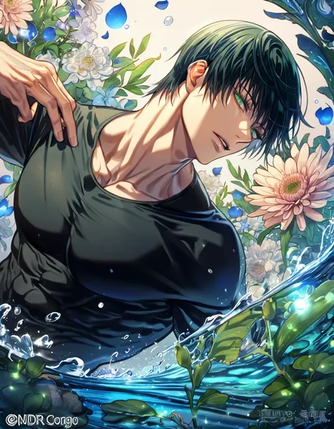 absurdres, highres, ultra detailed, HDR, master piece, Fushiguro Touji, black straight hair, expressive green eyes, black tight shirt, Jujutsu Kaisen, sexy man, handsome, best quality, blue moon, flowers, fantasy, magical, solo, water, blue shining firefli...