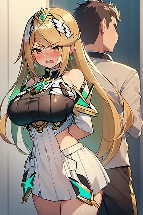 (Masterpiece, Top quality: 1.5), (1boy and 1girl :1.3), (Mythra :1.3),(breast grab from behind:1.3), a boy is with black hair , (large breasts:1.3), ,cleavage, standard weight, Blonde Hair, 16 year old, angry, (flustered:1.3), open mouth, beautiful scene o...