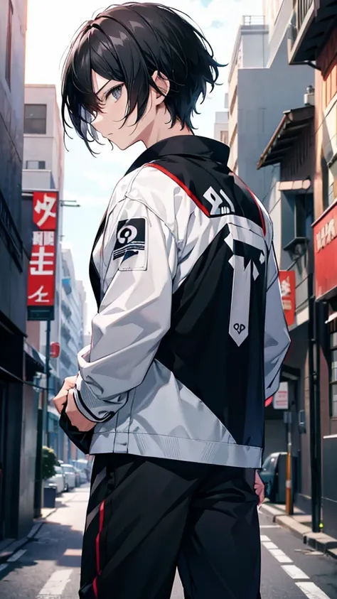 profile background, anime boy, serious face, black hair, grey eyes, martial arts clothing, high-res portrait, detailed eyes and face, character, fantasy, advanced urban, looking from behind at viewer, 4K, high resolution