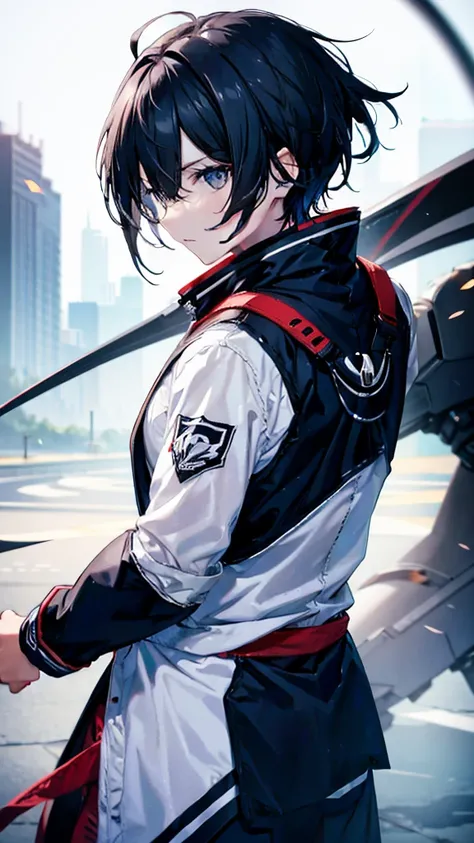 profile background, anime boy, serious face, black hair, grey eyes, martial arts clothing, high-res portrait, detailed eyes and face, character, fantasy, advanced urban, looking from behind at viewer, 4K, high resolution