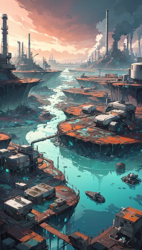 futuristic world, polluted world, robotic world, polluted water, polluted sky colors, industry, pollution, large landscape