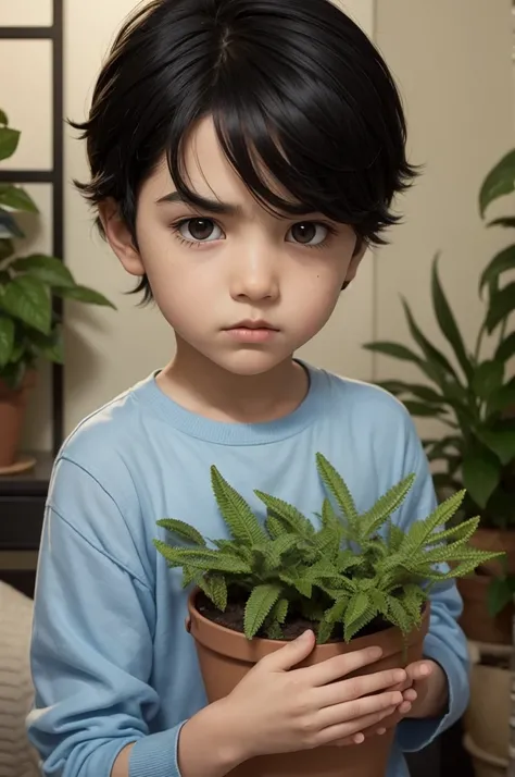 black hair boy , serious in theme playfully pixar Holding plants 