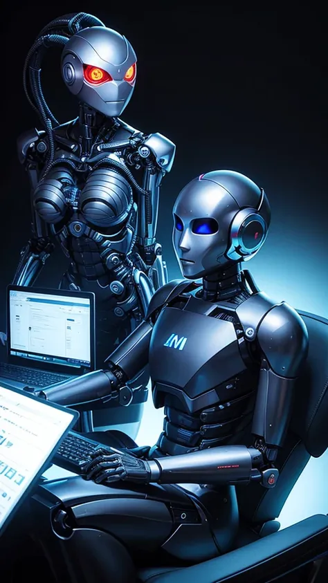 Robot sitting typing on a computer black background 