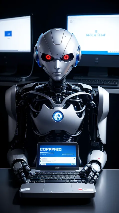 Robot sitting typing on a computer black background 