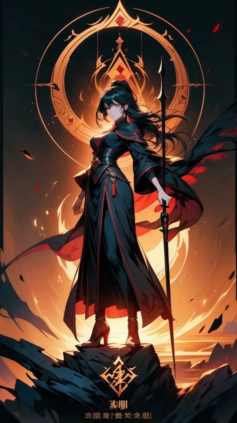 Holding a sickle、Close-up of a woman standing on a scythe, Jan J, Kschaert Krentz Key Art Feminine, Dark Sorceress Full View, Written by Ku Lei Lei, by Zhou Chen, Dark magician full body pose, Jan Jin, by Han Gan, Magnificent and elaborate character art, b...