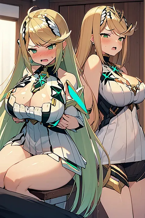 (Masterpiece, Top quality: 1.5), nsfw, sitting on bed, (1boy and 1girl :1.3), (Mythra :1.3),(breast grab from behind:1.3), a boy is with black hair , (large breasts:1.3), (cleavage:1.2), standard weight, Blonde Hair, 16 year old, angry, (flustered:1.3), op...