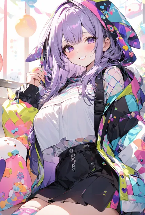 ((Highest quality)), ((masterpiece)), ((Very detailed)), A cute, energetic and active woman with purple hair, about 165cm tall.，A high school girl with a cute smile and ample breasts wearing a cool outfit with a cute patterned hood and exposed shoulders，Sm...