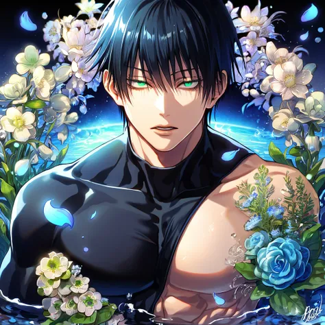 absurdres, highres, ultra detailed, HDR, master piece, Fushiguro Touji, black straight hair, expressive green eyes, black tight shirt, Jujutsu Kaisen, sexy man, handsome, best quality, blue moon, flowers, fantasy, magical, solo, water, blue shining firefli...