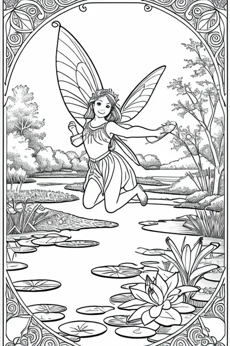 Fairy flying over a pond with lilies
 coloring page