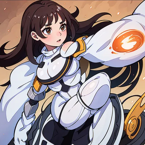 girl with brown hair, white skin and voluptuous body wearing shiny armor 