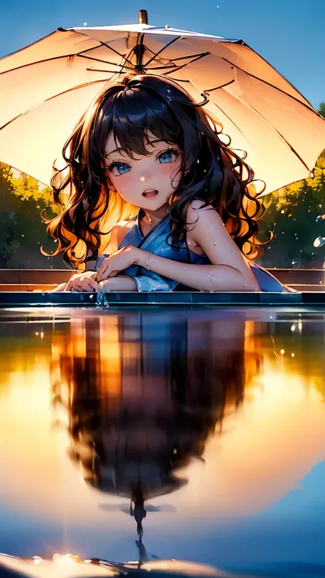 ((Highest quality、masterpiece、8K、Realistic、超High resolution、Very delicate and beautiful、High resolution、Cinema Lighting))、 the pool、((A scene in which a woman splashes water on the viewer:1.8))。((Short wavy hair:1.6))、Smiling。(Swimsuits in bright colorovem...