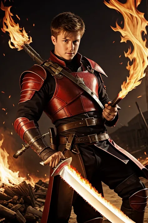 Pyroler, he is touching his penis, has a sword of fire, his skin is red