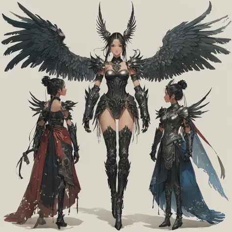 Masterpiece, Highest quality)), Detailed face, character design sheet， full bodyesbian, Full of details, frontal body view, back body view, Anime, 1 winged black-skinned girl, Ebony skinned, mega ponytail hairstyle, pure white hair, Sea BLUE eyes, busty, v...