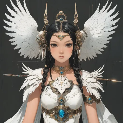 Masterpiece, Highest quality)), Detailed face, character design sheet， full bodyesbian, Full of details, frontal body view, back body view, Anime, 1 winged black-skinned girl, Ebony skinned, mega ponytail hairstyle, pure white hair, Sea BLUE eyes, busty, v...