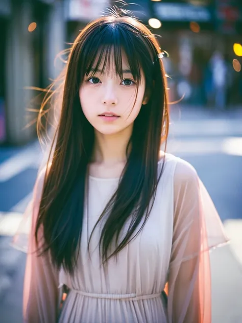 Japanese beautiful girl, Embarrassed look, figure, (Highest quality, Super detailed), front、Gentle lighting, Flowing Hair,one piece、 Delicate features, Dreamy atmosphere、Analog Film Photography、20-year-old、90、Cyberpunk-style lo-fi animation、