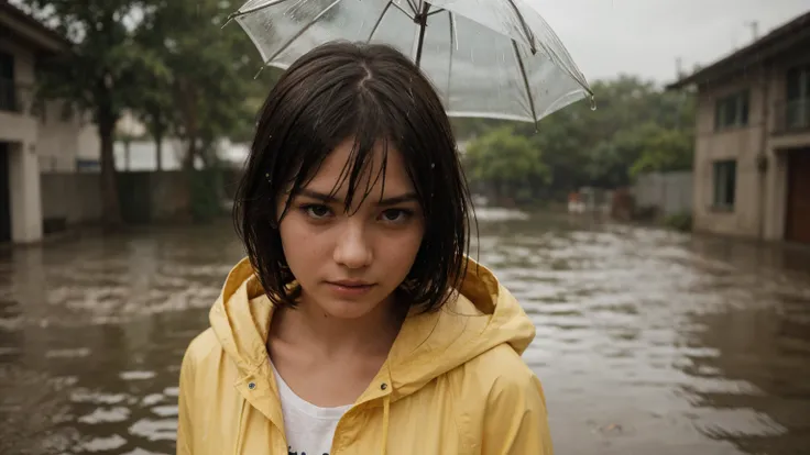 A high-detailed, ultra-quality illustration of a girl standing in the rain, wearing a vibrant yellow raincoat. The scene captures the intricate details of raindrops cascading around her, with the raincoats texture and glossy surface meticulously rendered. ...