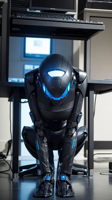 Black robot sitting on the floor typing on a computer looking at the computer screen 