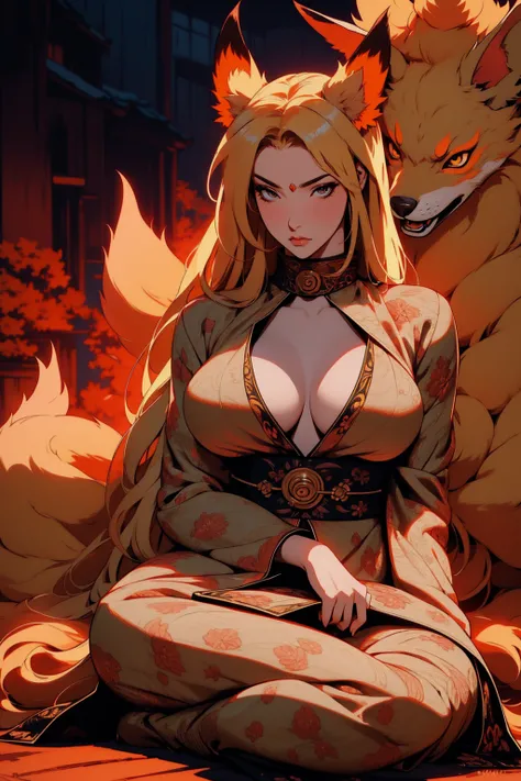 REALISTIC VISION 1.4, BETTER VAE,sharp focus, ultra detail, 32k,realistic photo, intricate details, kitsune, blond hair, (blond hair), gold eyes, intricate details ,woman, nine tails, intricate details,intricate details,big , Voluptuous body, intricate det...