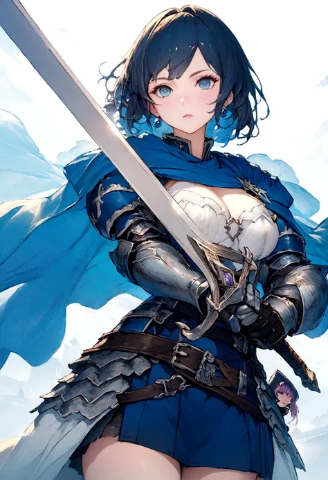 One holds a sword in his hand、woman in blue cloak, Actress 👀 :8, Carrying a sword on his shoulder, she holds a sword, With a big sword, Clear role-playing portraits, Blue armor, Detailed key animation art, Armor Girl, kushatkrentz women in critical art, Po...