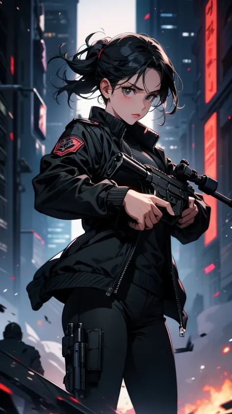 With a gun、Woman wearing a black jacket, from Girls&#39; Frontline, Girls&#39; Frontline style, Fine details. Girls&#39; Frontline, Girls&#39; Frontline cg, From Arknights, Girls&#39; Frontline, Automated Kidney, Girls&#39; Frontline universe, Amazing anim...