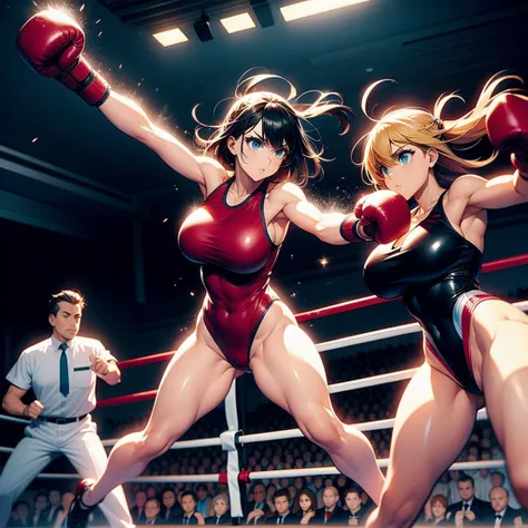 Fullbody shot , Wear Leotard , Female boxing , huge breasts.