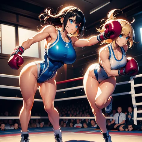 Fullbody shot , Wear Leotard , Female boxing , huge breasts.