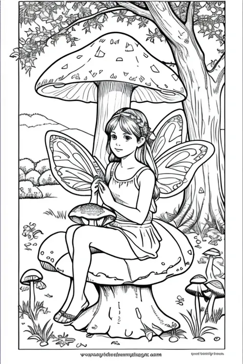 Fairy sitting on a mushroom under a tree
coloring page