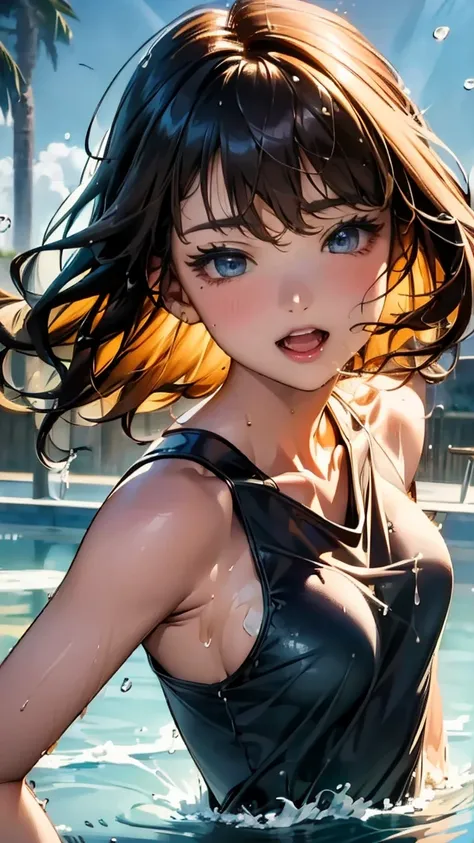 ((Highest quality、masterpiece、、Realistic、超High resolution、Very delicate and beautiful、High resolution、Cinema Lighting))、 Pool、((A scene where a woman splashes water on the viewer:1.8))。((Short Wavy Hair:1.6))、smile。(Brightly colored swimsuits with easy-to-...