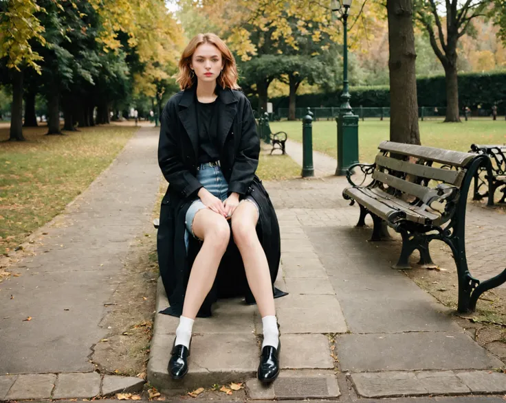 there is a woman sitting on a fence with her legs crossed, she is wearing long black coat, white t shirt and denim shots, in style of alasdair mclellan, in style of nan goldin, alexandra fomina, inspired by Nan Goldin, sitting on a park bench, steven klein...