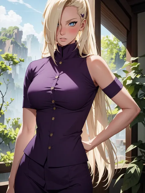 {-erro_de_anatomia:1.0} estilo anime, Masterpiece, absurdities, Yamanaka Ino(Naruto), 1girl Solo, woman, Perfect composition, Detailed lips, Beautiful face, body proportion, Blush, Long blonde hair, blue eyes, purple blouse, purple pant, Soft gauze, Super ...