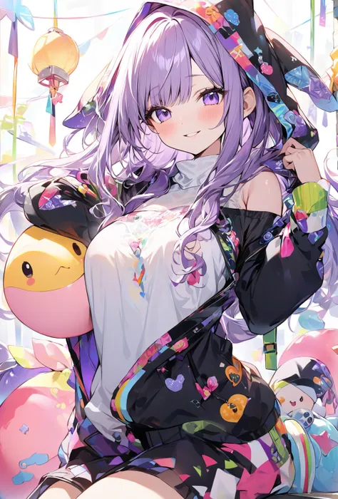 ((Highest quality)), ((masterpiece)), ((Very detailed)), A cute, energetic, active and cool woman with purple hair, about 165cm tall.，A high school girl with a cute smile and ample breasts wearing a cool outfit with a cute patterned hood and exposed should...