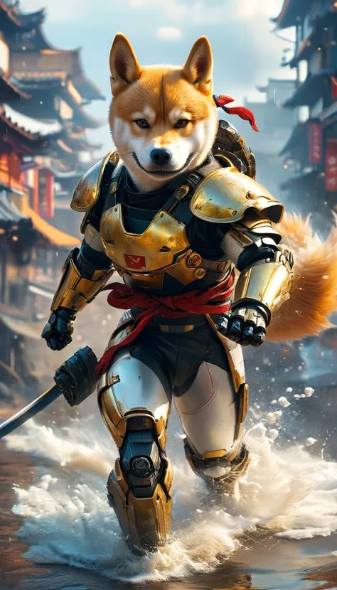 (full body shot:1.5),futuristic platinum anthropomorphic shiba inu robotic, shiba inu as japanaese futristic robotic samurai, ka...