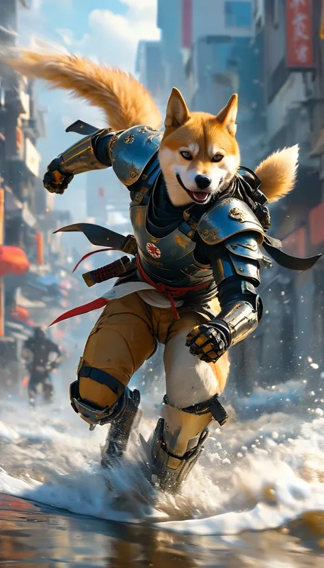 (full body shot:1.5),futuristic platinum anthropomorphic shiba inu robotic, shiba inu as japanaese futristic robotic samurai, ka...