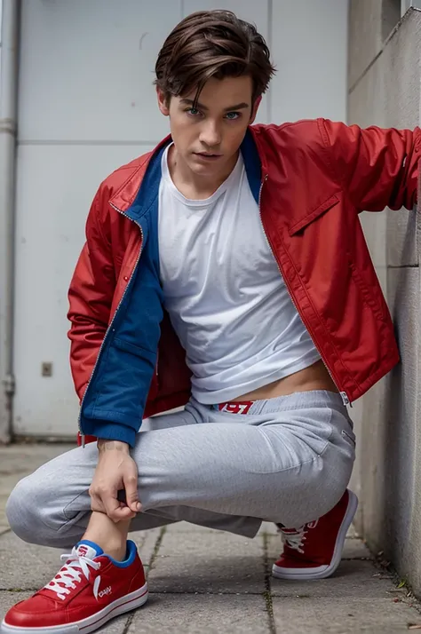 Cartoon boy wearing a red jacket, white underwear, blue eyes, gray pants, red and blue shoes