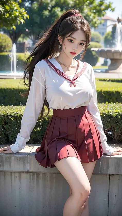 (, high resolution, Ultra Detailed, nffsw), On the table, best quality, SAMA1, Tira, Sailor warrior, White gloves, Red sailor collar, Red Skirt, Star necklace, Elbow groove, Pleated Skirt, Bare legs, Purple bow, Cowboy photoshoot, outdoor, Bokeh (85mm lens...