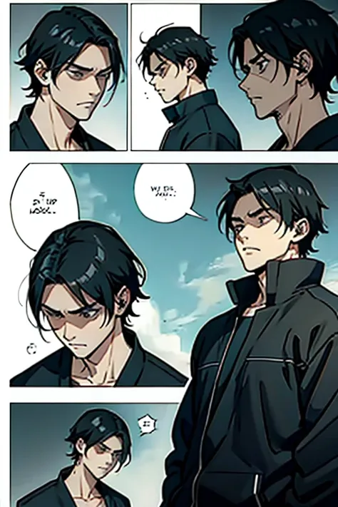 guy with short black hair very depressed, manga page with panels and dialogue