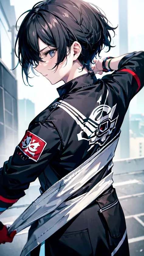 profile background, anime boy, serious face, black hair, grey eyes, martial arts clothing, high-res portrait, detailed eyes and face, character, fantasy, advanced urban, looking from behind at viewer, 4K, high resolution